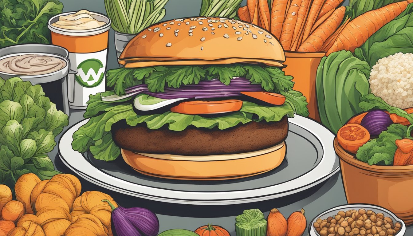 A colorful array of fresh vegetables and plant-based ingredients arranged on a Whataburger menu, with a chef's hand adding the finishing touches