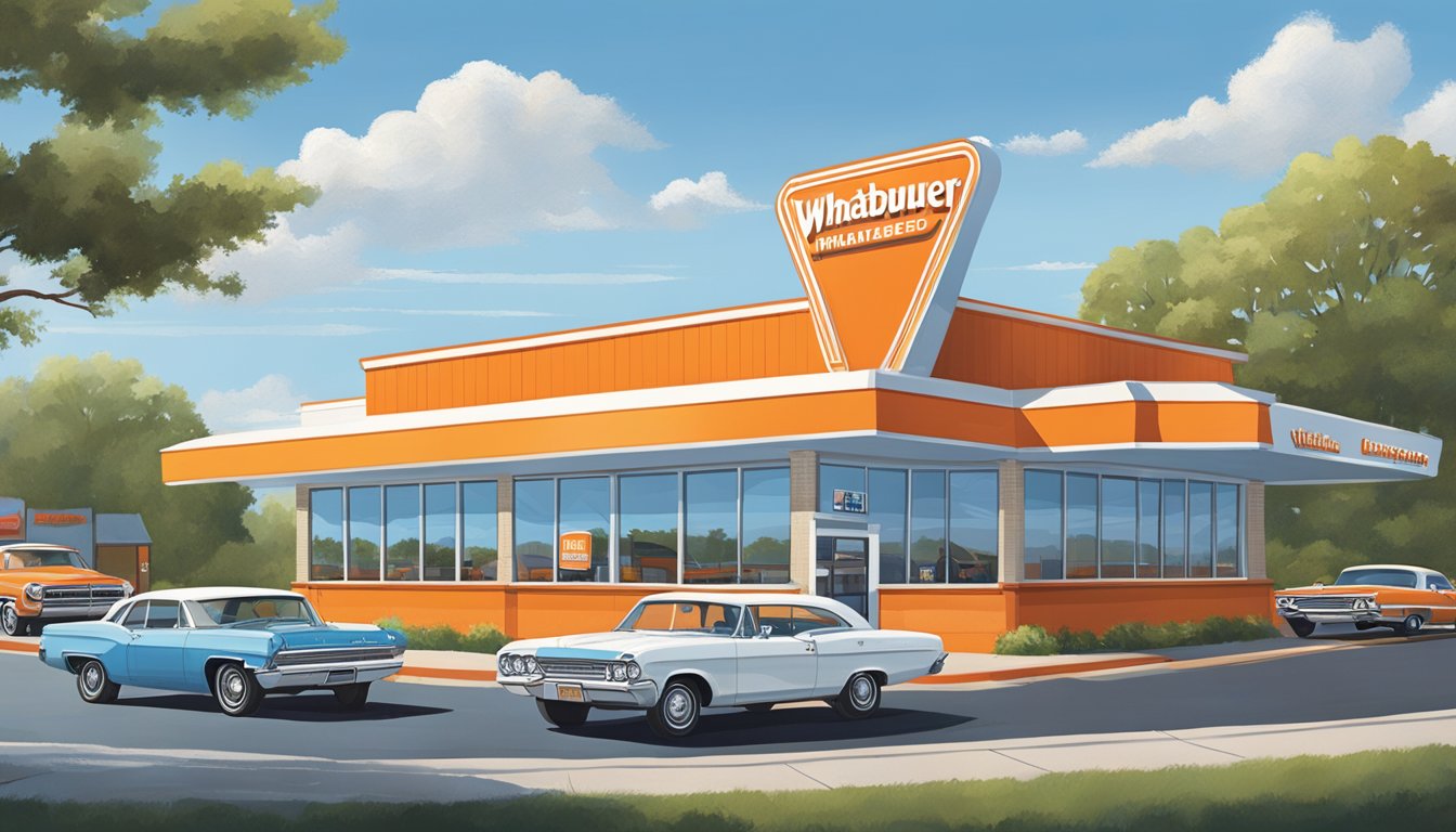 A bustling Whataburger restaurant in Missouri, with a welcoming exterior and a drive-thru line of cars. The iconic orange and white stripes stand out against the blue sky