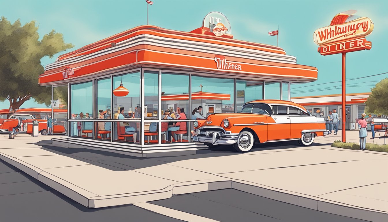 A bustling 1950s diner in Midland, TX with a retro red and white exterior, a neon Whataburger sign, and a line of hungry customers out the door