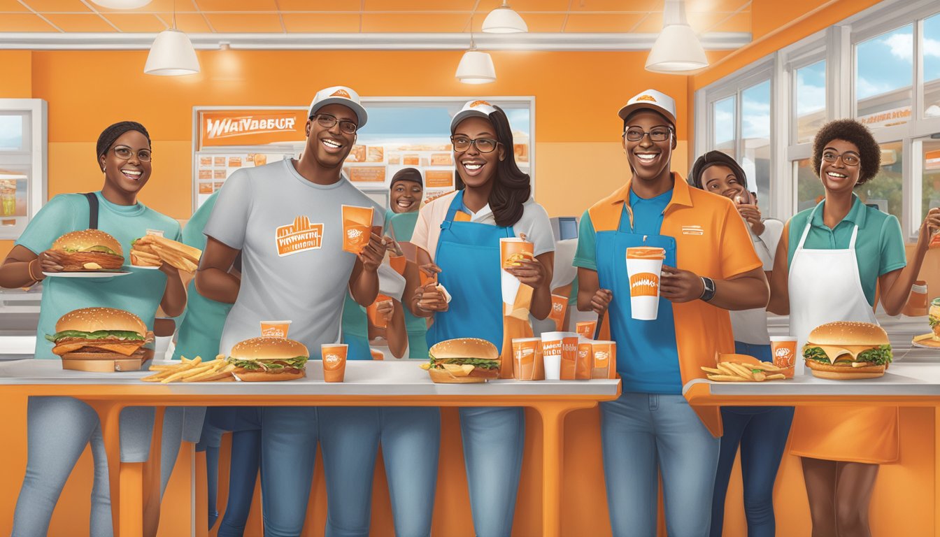 A group of happy customers at Whataburger in Missouri receiving rewards and incentives, including free food and merchandise