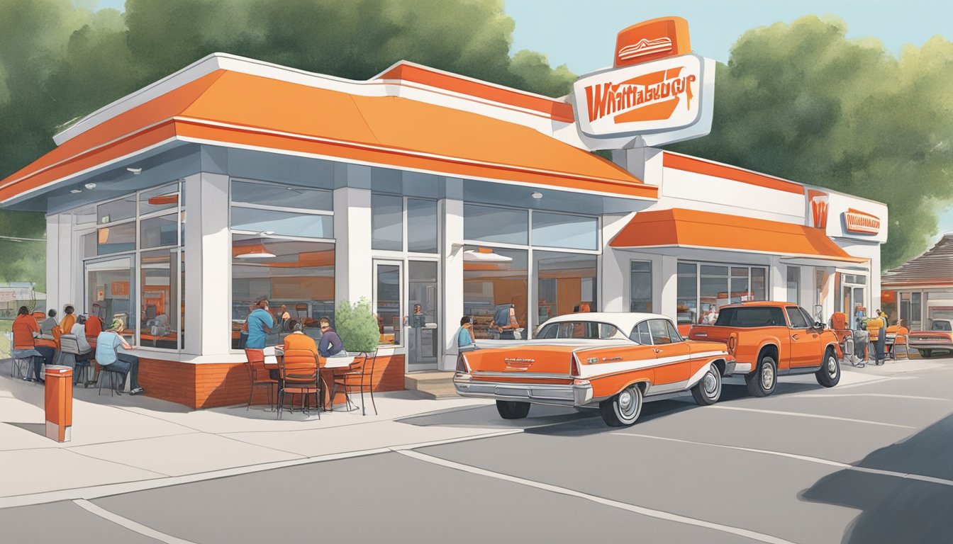 A red and white Whataburger restaurant sits on a busy street in Missouri, with cars lined up at the drive-thru and customers dining on the outdoor patio