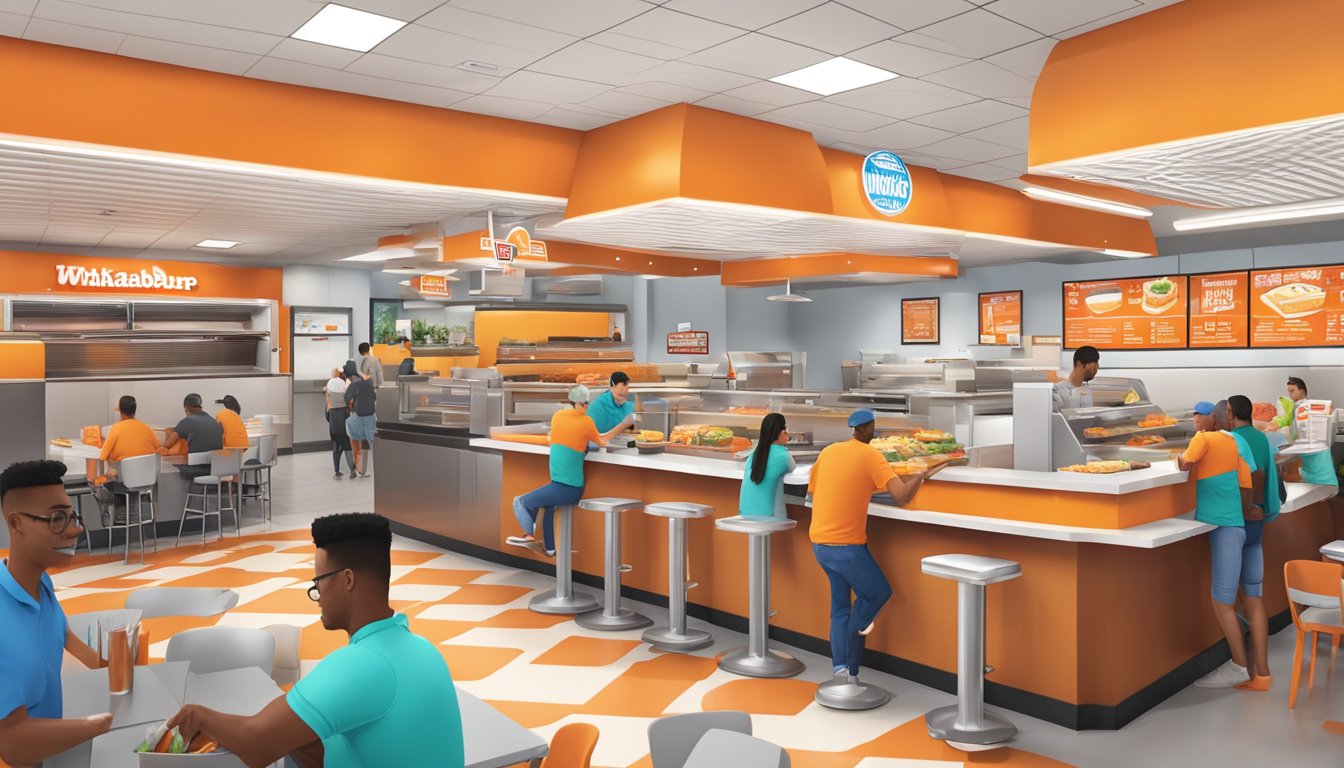 A bustling Whataburger restaurant in Midland, TX, with a colorful dining area, friendly staff serving customers, and a counter filled with delicious food options