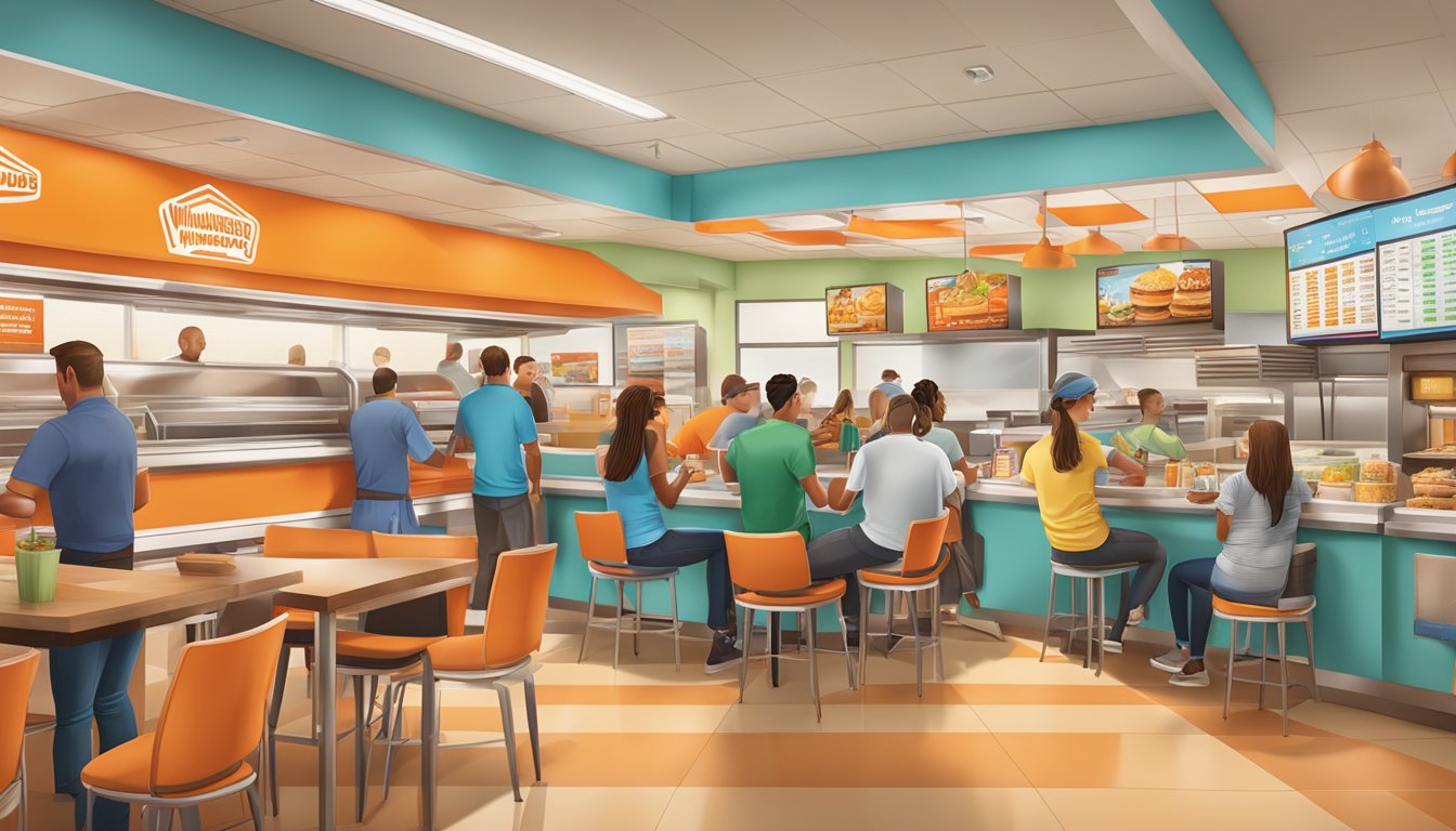 A bustling Whataburger restaurant in Kannapolis, with a colorful menu board and customers enjoying their meals