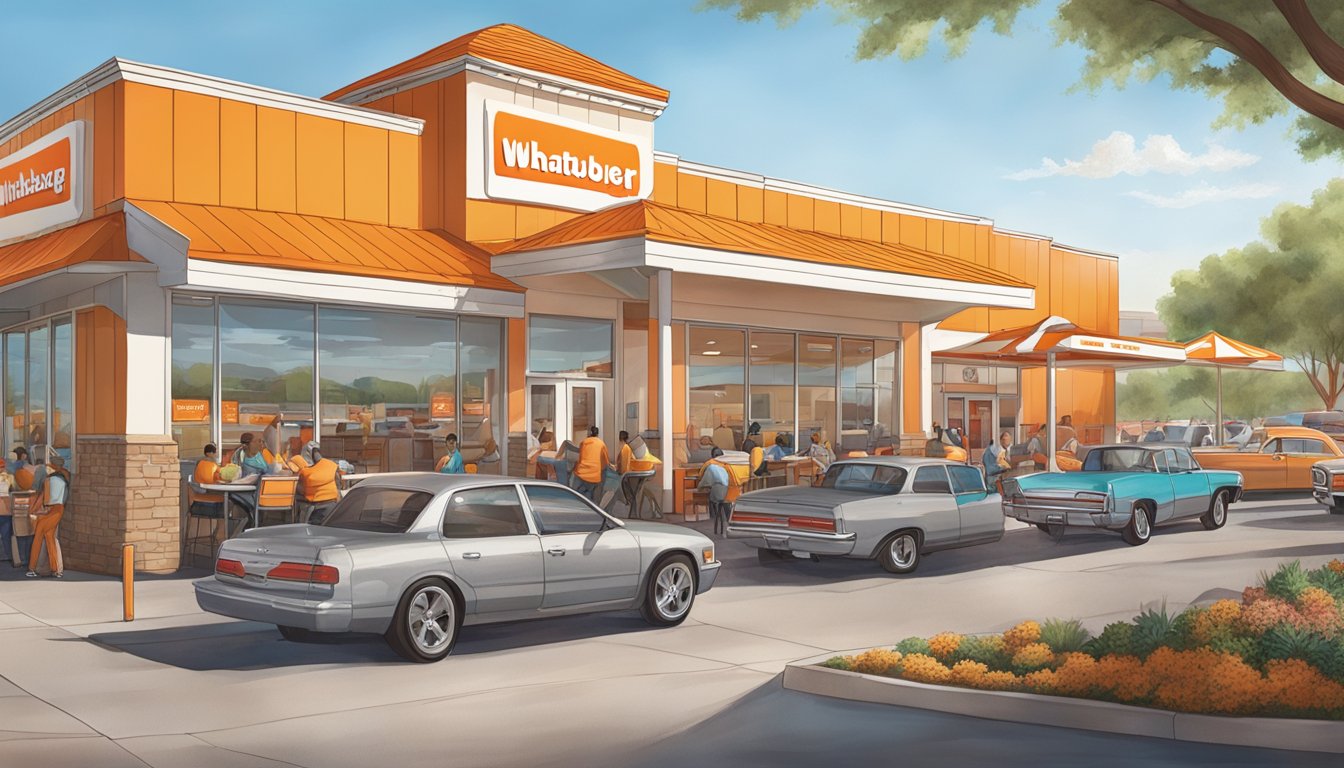 A bustling Whataburger restaurant in Midland, TX, with colorful signage and a busy drive-thru line. Outdoor seating area filled with customers enjoying promotional deals and events