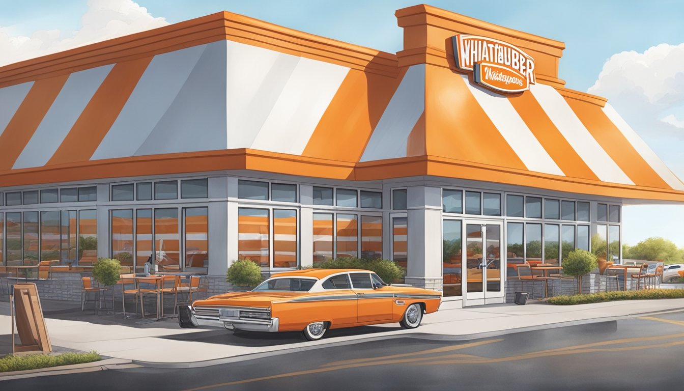 A busy Whataburger restaurant with a drive-thru, outdoor seating, and the iconic orange and white striped building