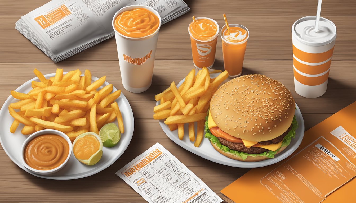 A table with a Whataburger meal, fries, and drink, surrounded by nutritional information pamphlets