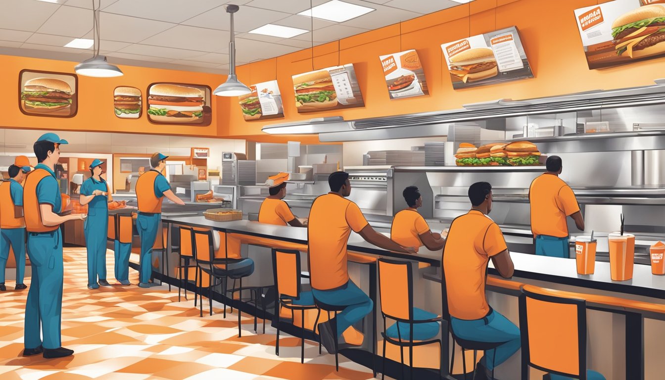 A bustling Whataburger restaurant with employees working in various roles, from cooking to customer service, while others review online job applications