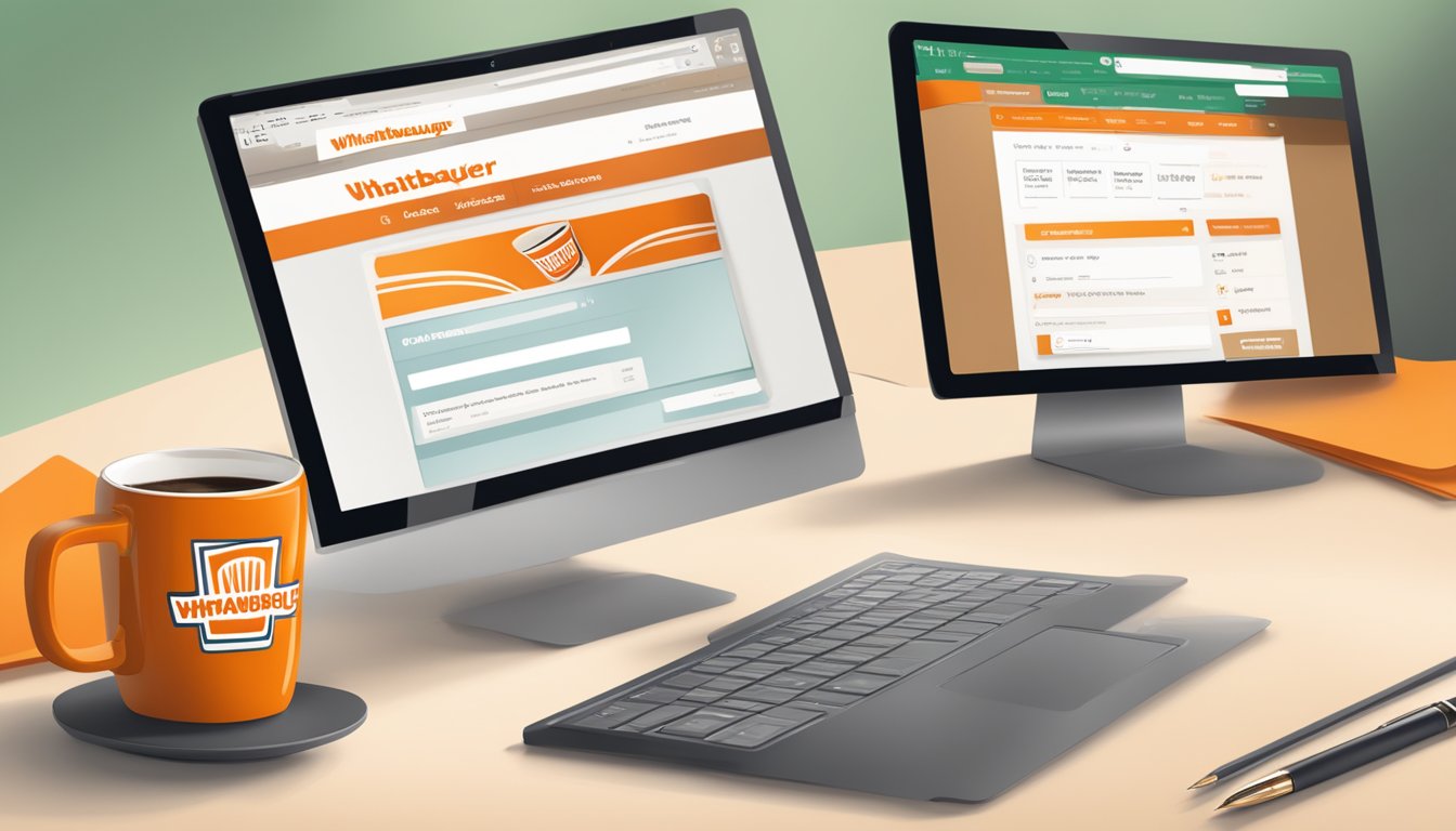 A computer screen displaying the Whataburger website with the online application form open, surrounded by a cup of coffee and a pen