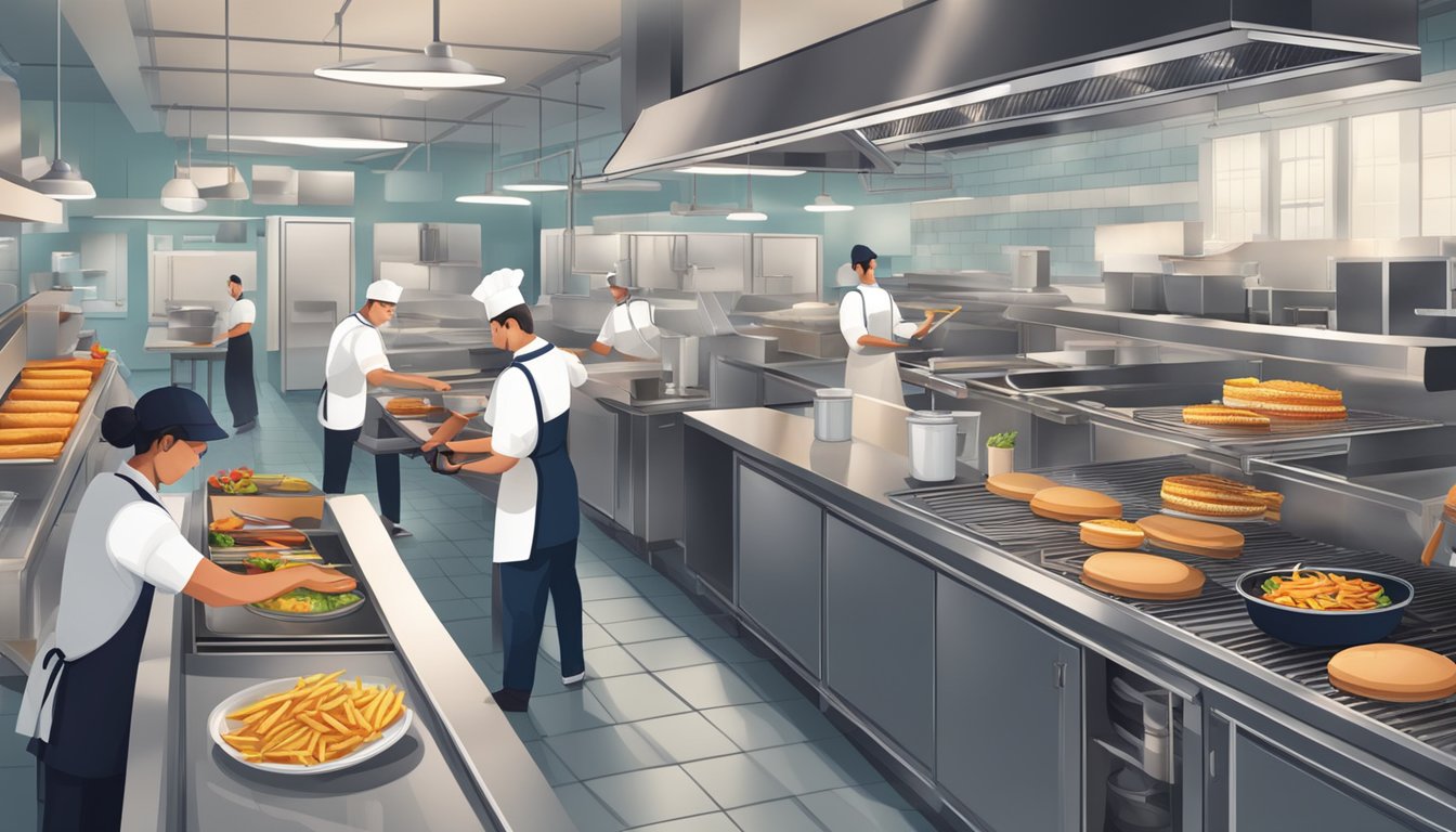 A busy restaurant kitchen with employees preparing burgers and fries. Orders are coming in through a digital system