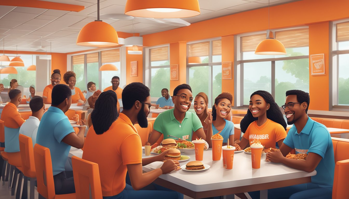 A group of employees enjoying a meal together in a vibrant and welcoming Whataburger restaurant, showcasing a positive and inclusive company culture