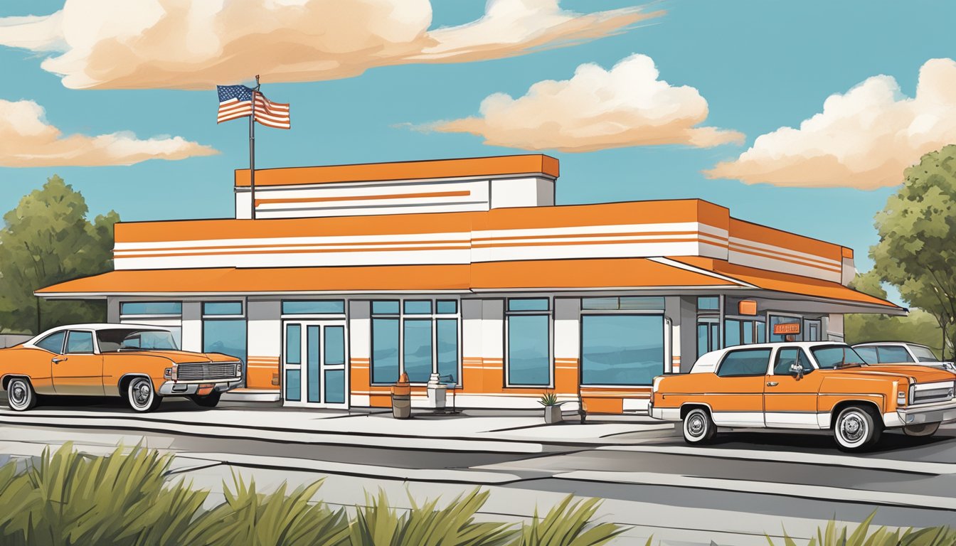 A bustling Whataburger restaurant in Springfield, Missouri, with the iconic orange and white stripes on the building and a drive-thru line of cars