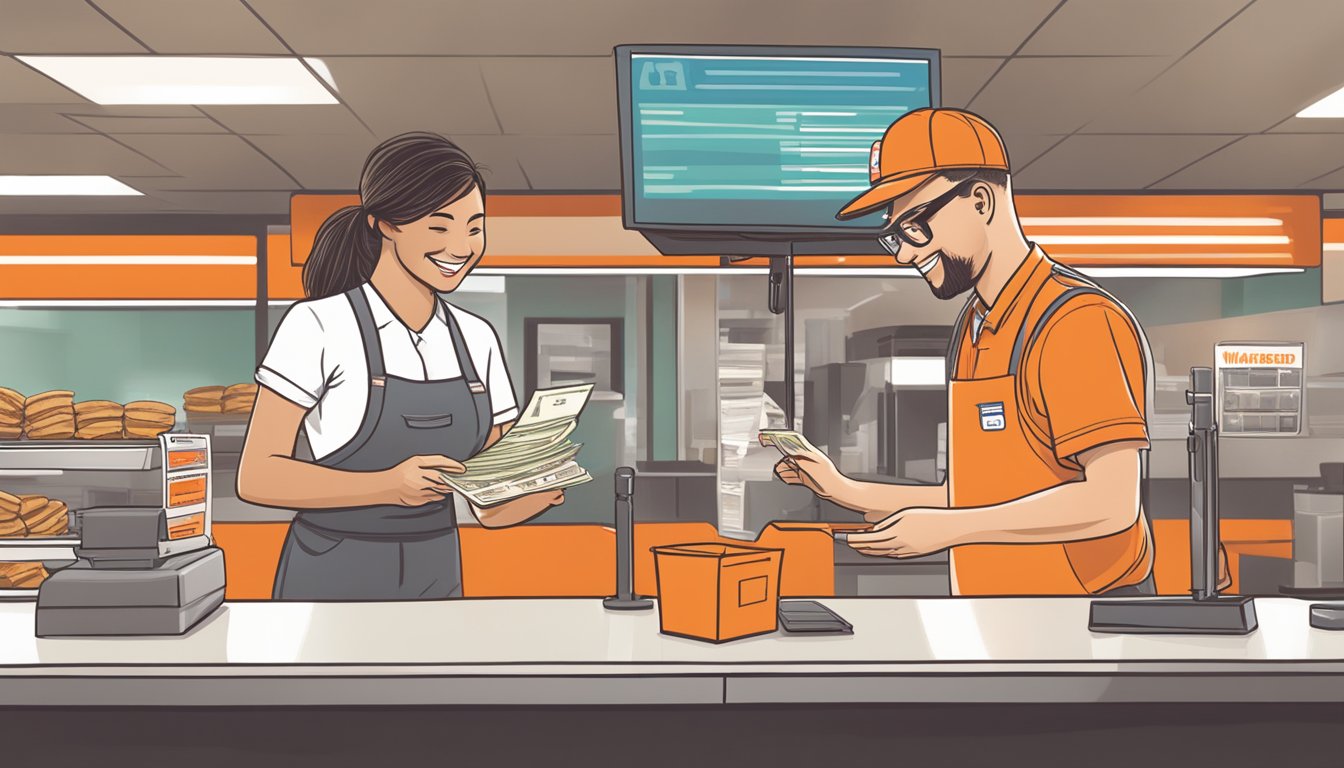 A Whataburger employee receiving a paycheck while another employee looks on