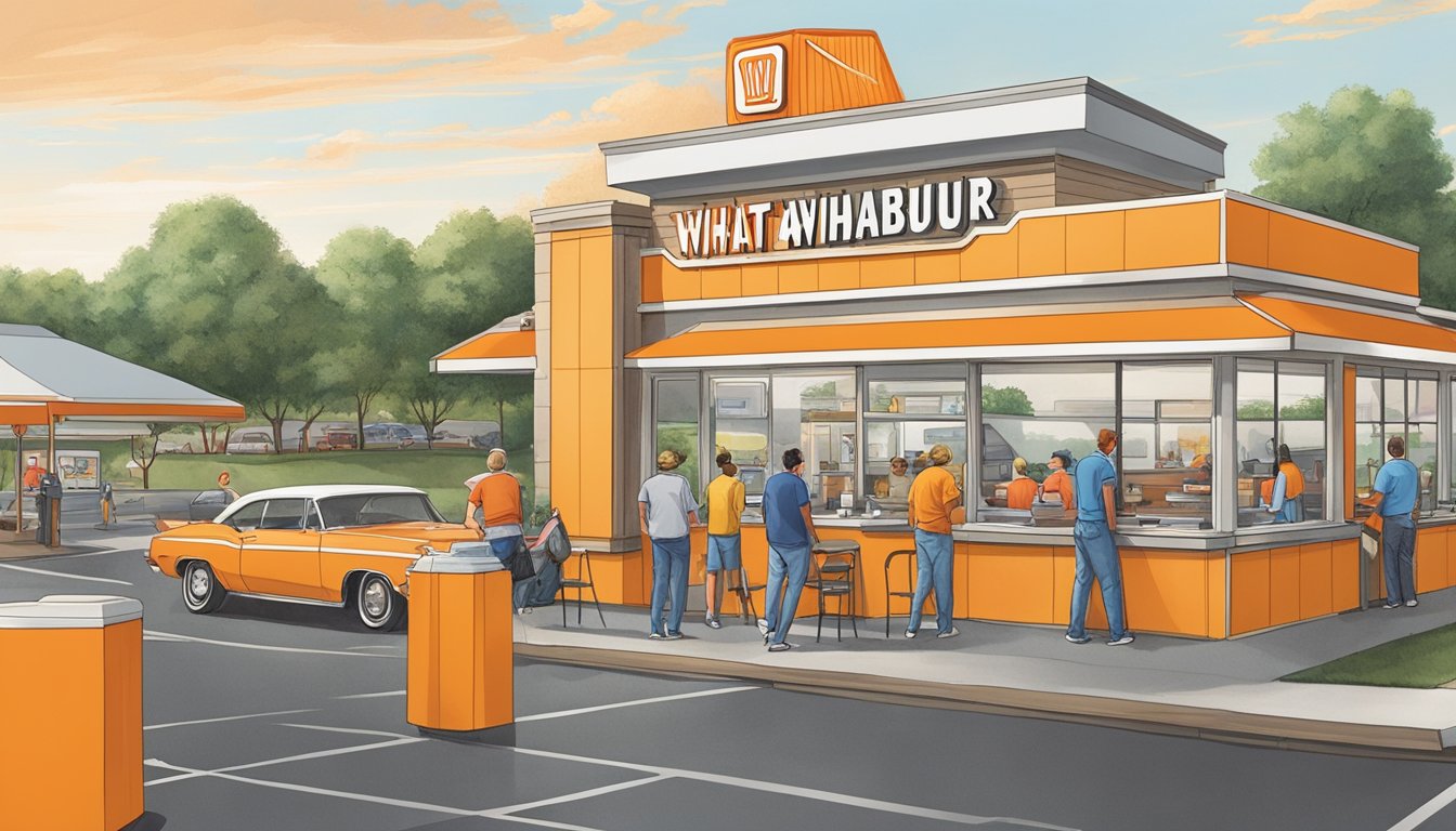 The Whataburger in Springfield, MO is bustling with customers during its operating hours. The drive-thru line is long, and the dining area is filled with people enjoying their meals