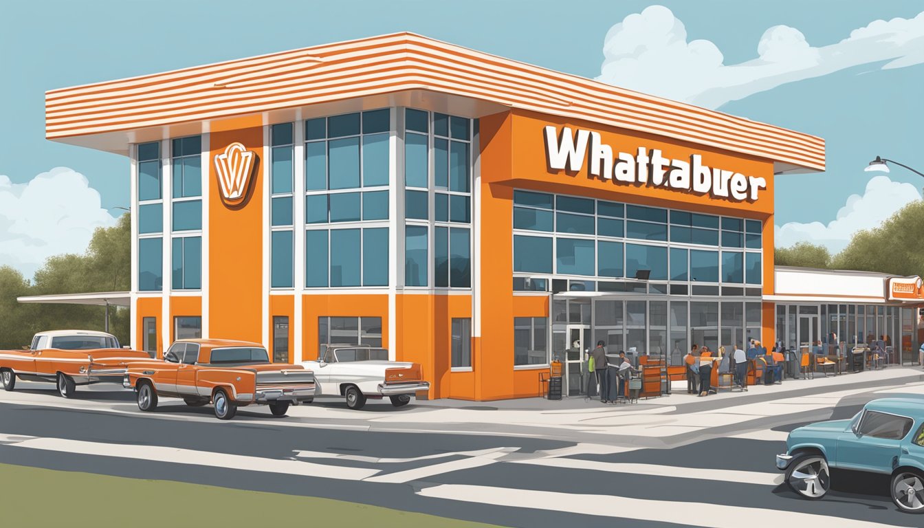 A bustling Whataburger restaurant in Oklahoma City, with the iconic orange and white striped building and the classic "W" logo prominently displayed