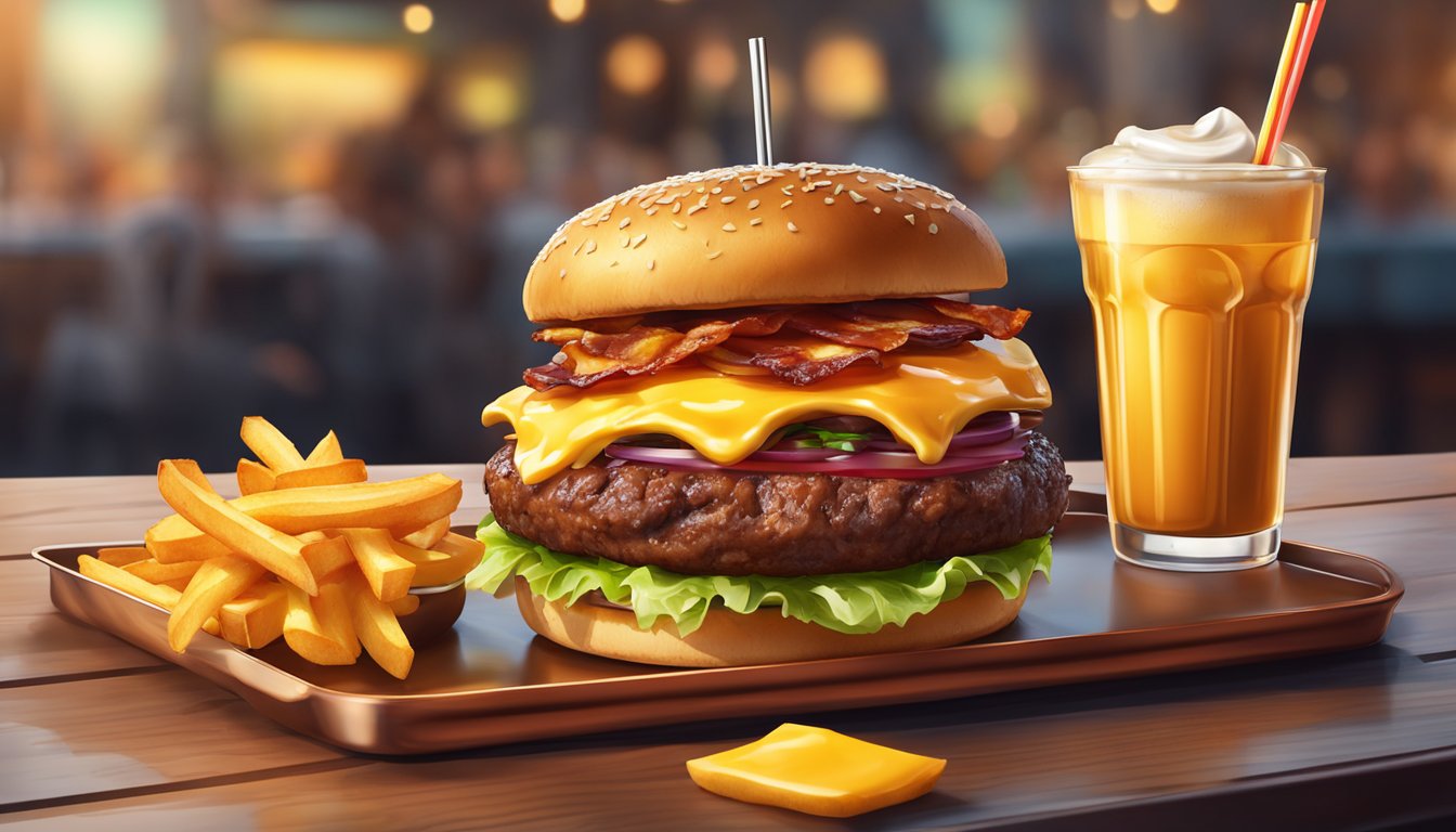 A sizzling burger with melted cheese and crispy bacon, surrounded by golden fries and a cold drink on a tray