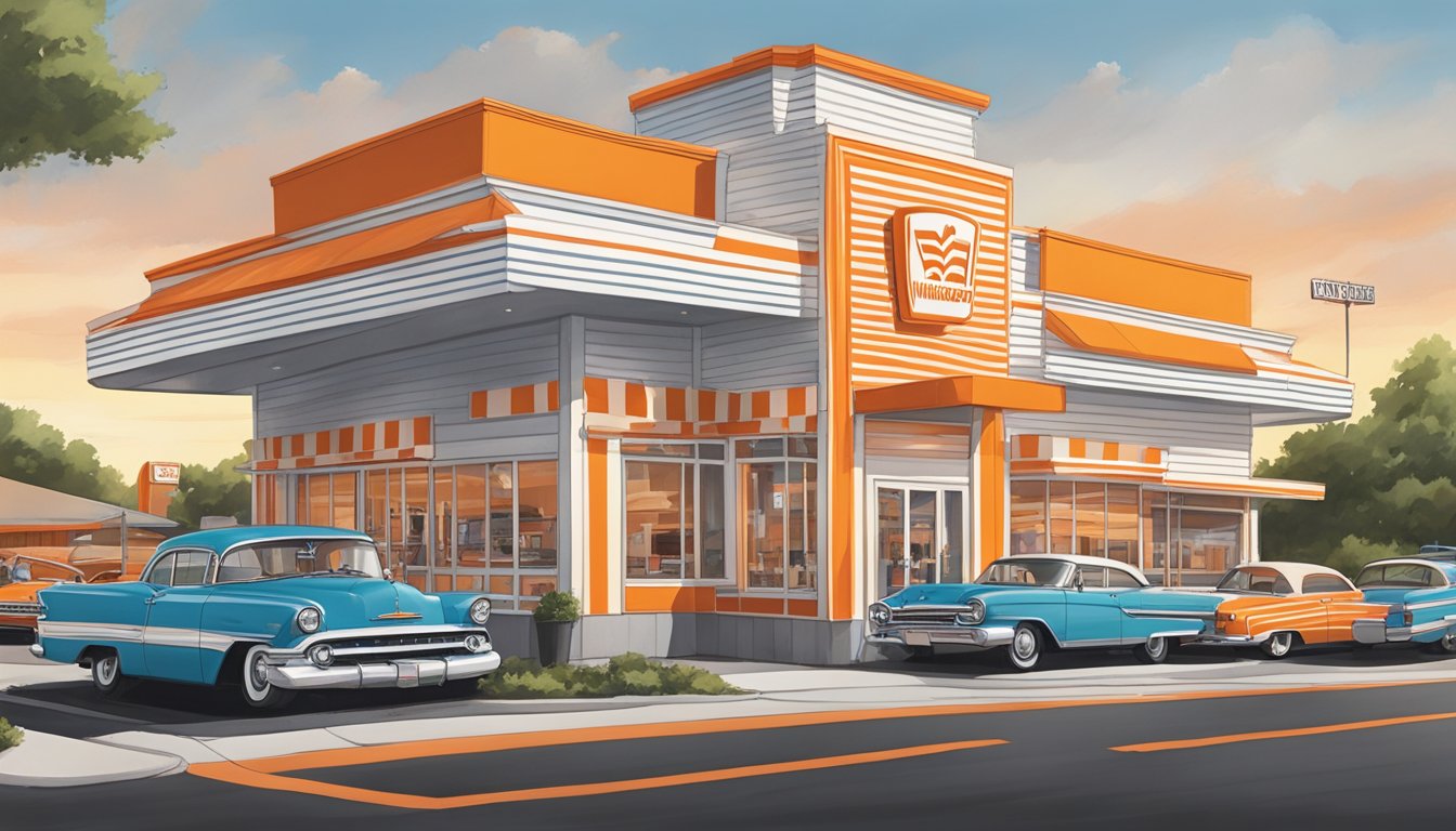 A bustling Whataburger restaurant in Oklahoma City, with the iconic orange and white striped building and a drive-thru line of cars