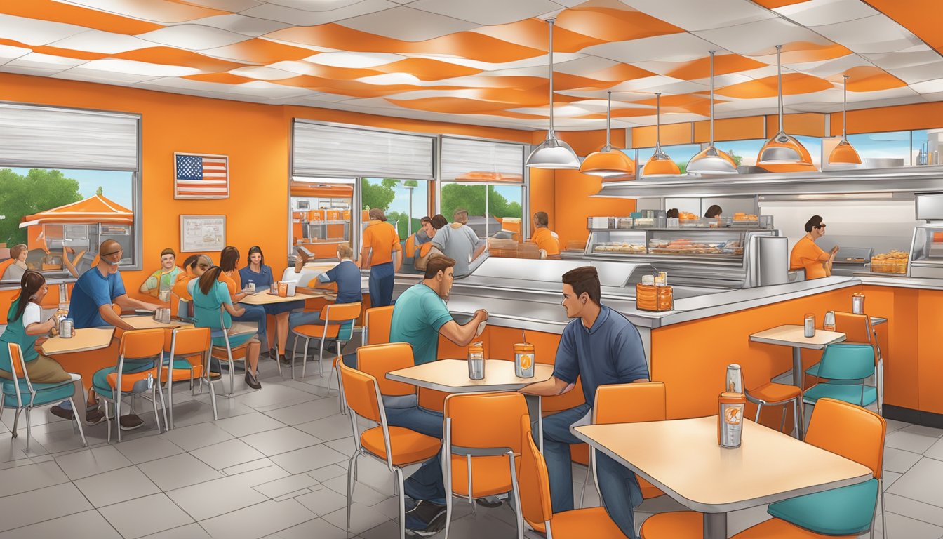 A bustling Whataburger restaurant in Springfield, Missouri, with customers enjoying their meals at bright orange booths and a friendly staff behind the counter