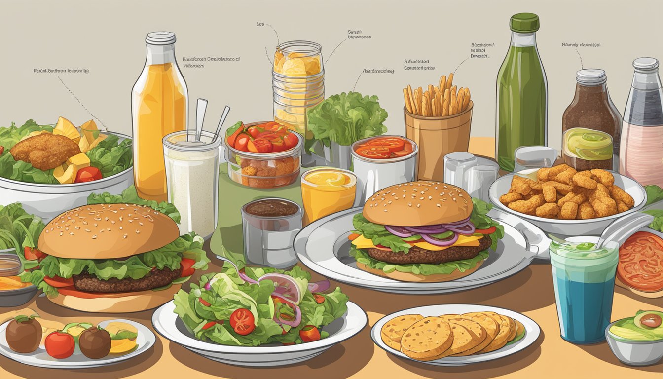 A table with a variety of food items, including burgers, salads, and beverages, with corresponding nutritional information displayed next to each item