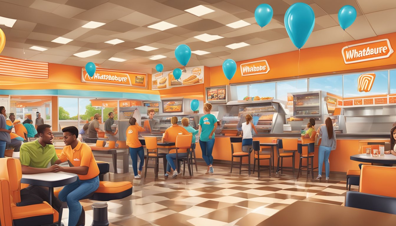 A bustling WhatABurger restaurant in Springfield, MO, with colorful promotional signs and happy customers redeeming rewards