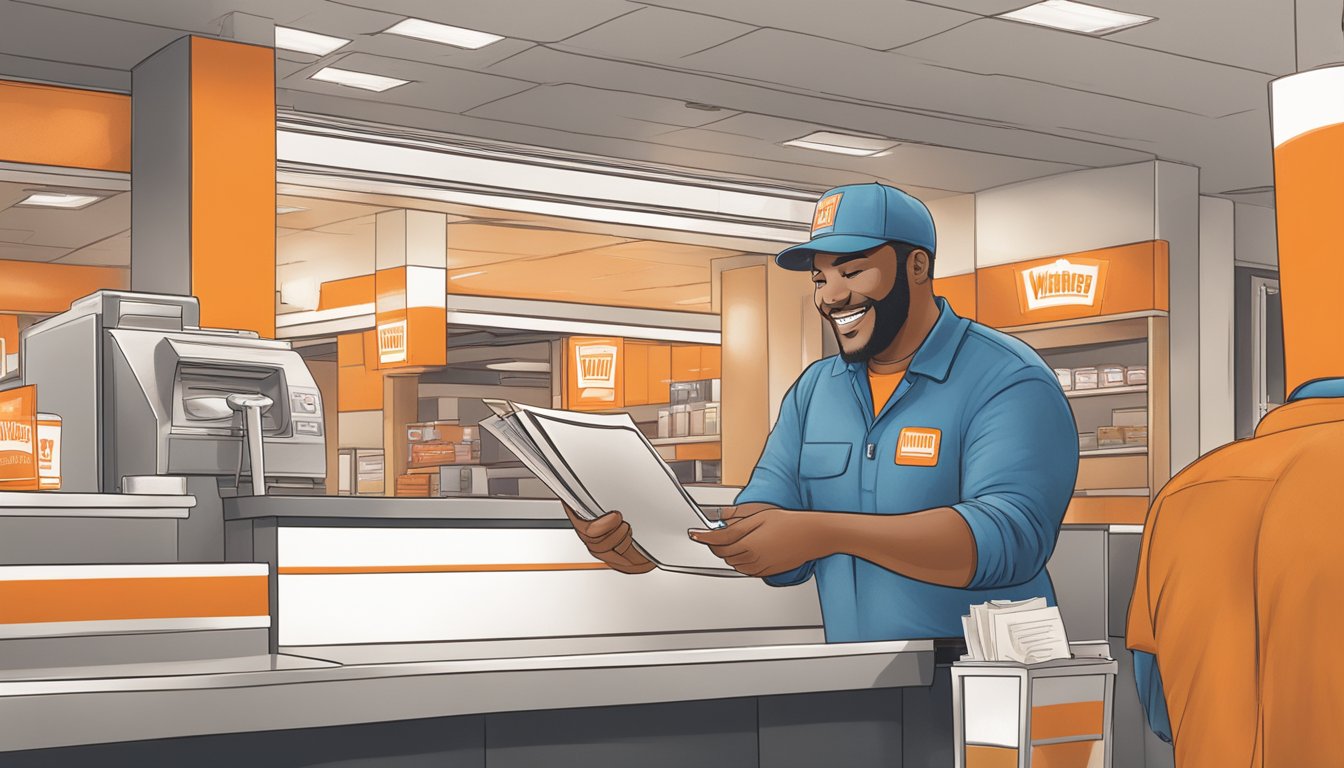 A Whataburger employee receiving their paycheck