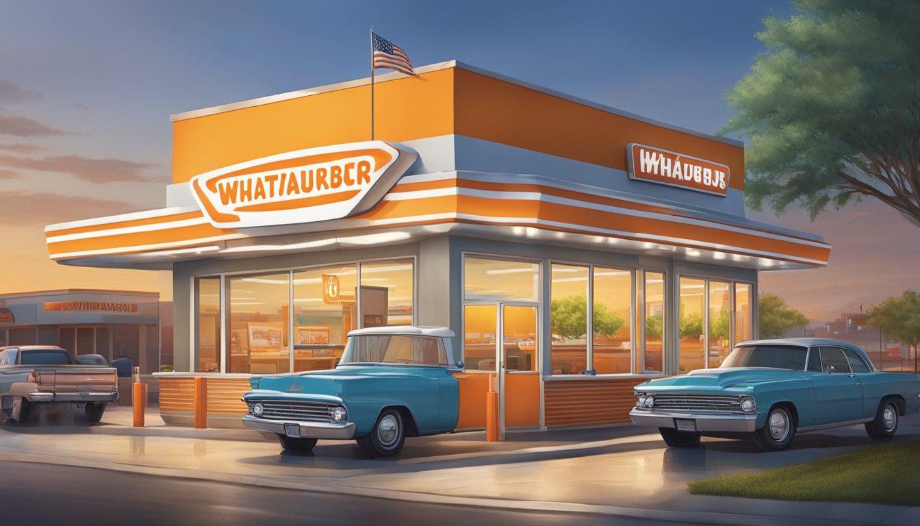 A bright, bustling Whataburger in Oklahoma City, with a drive-thru window and outdoor seating, surrounded by a mix of urban and suburban landscapes