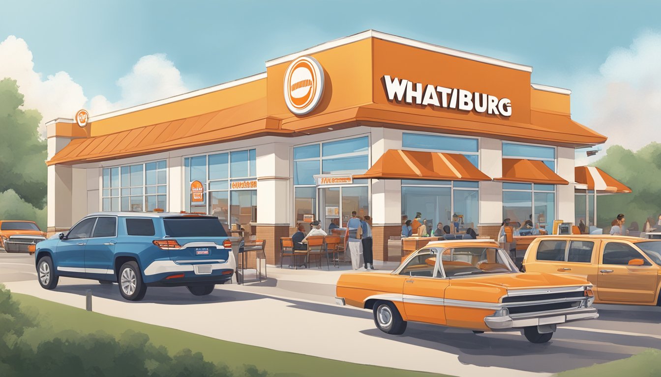 A bustling Whataburger restaurant in Springfield, MO, with a drive-thru line of cars and a busy dining area filled with customers and staff