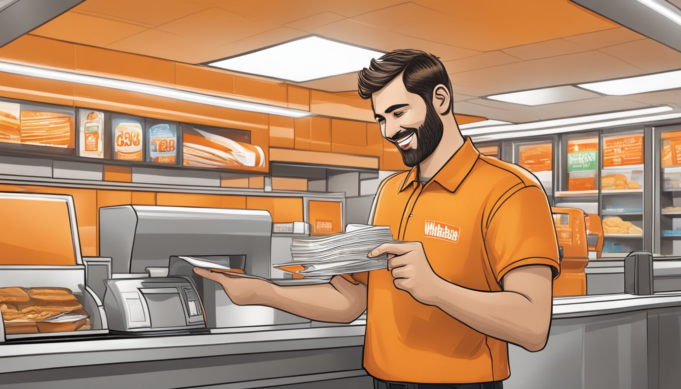 A Whataburger employee receiving their paycheck