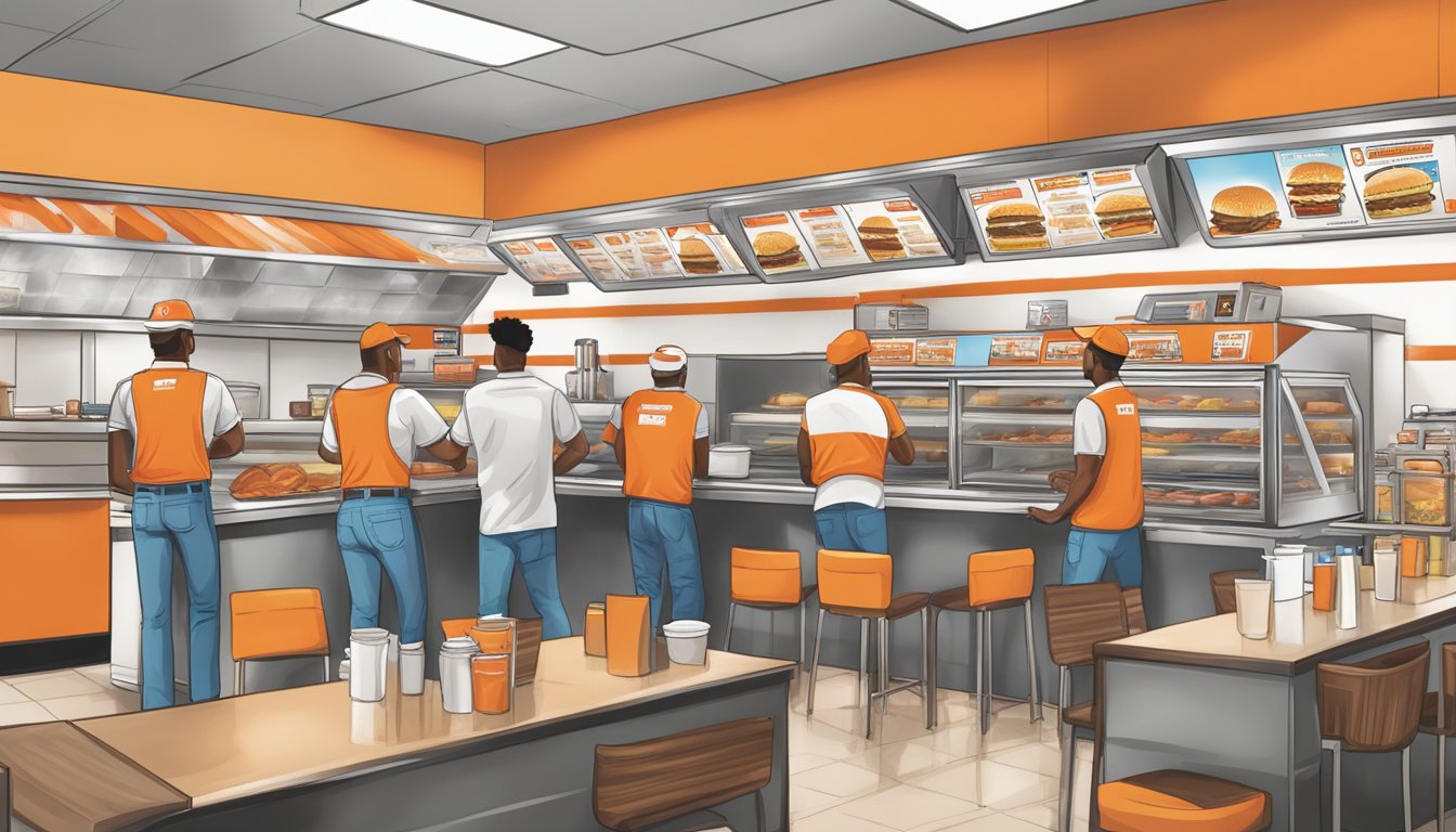 A bustling Whataburger restaurant with employees working behind the counter, taking orders, and preparing food. Training materials and career path posters are displayed prominently