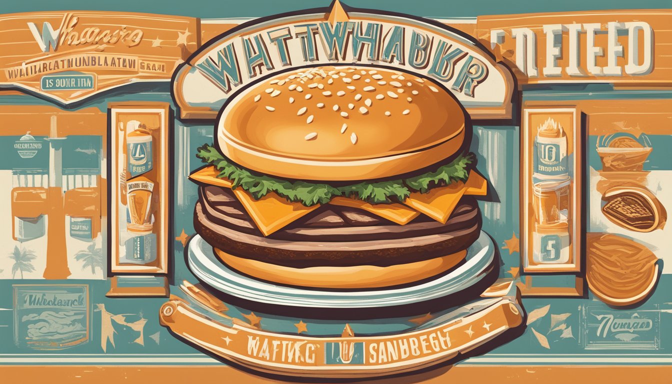 A classic Whataburger Double Meat sandwich surrounded by vintage branding and historical imagery