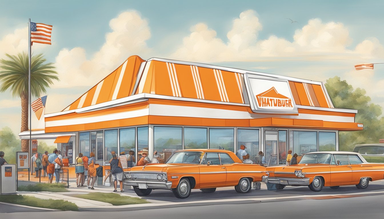 A bustling Whataburger restaurant in Texas, with the iconic orange and white striped A-frame building, drive-thru, and a line of customers waiting to order