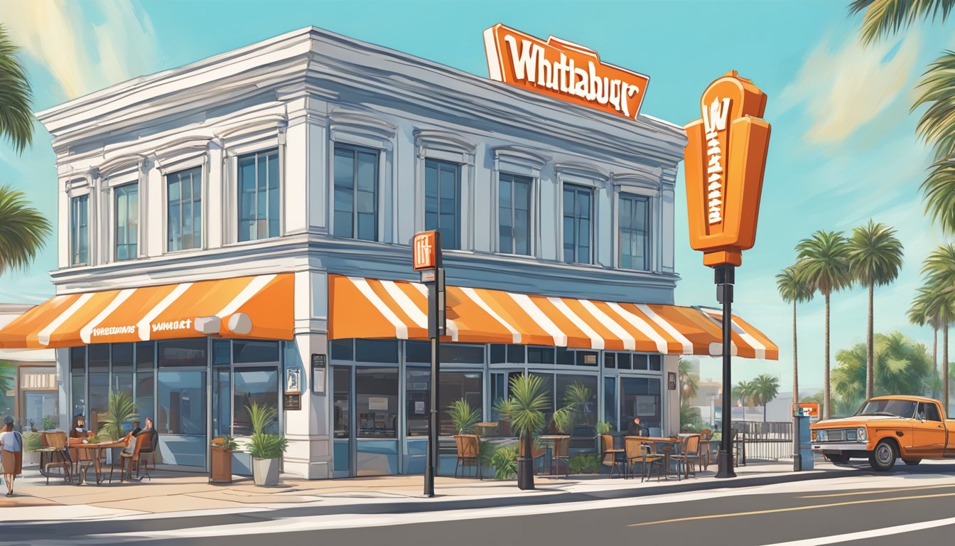 A bustling city street with a Whataburger sign towering above the restaurant, surrounded by palm trees and a clear blue sky