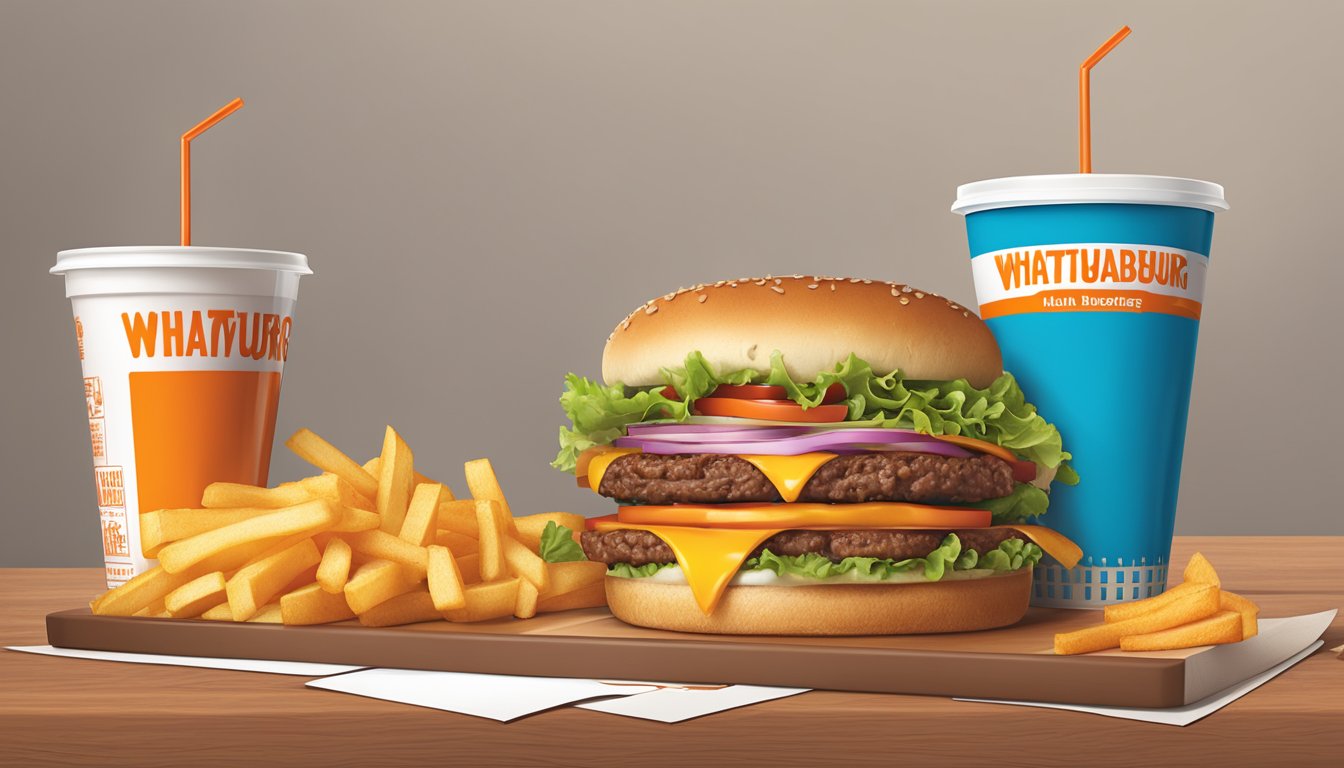 A table with a Whataburger double meat meal, including the burger, fries, and drink, with the nutritional information displayed next to it