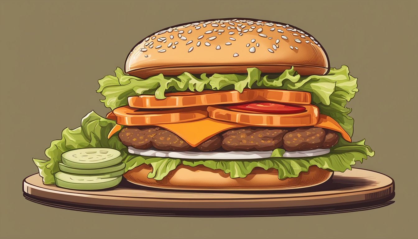 A delicious Whataburger double meat sandwich with dietary considerations, surrounded by fresh lettuce, tomato, and pickles, served on a sesame seed bun