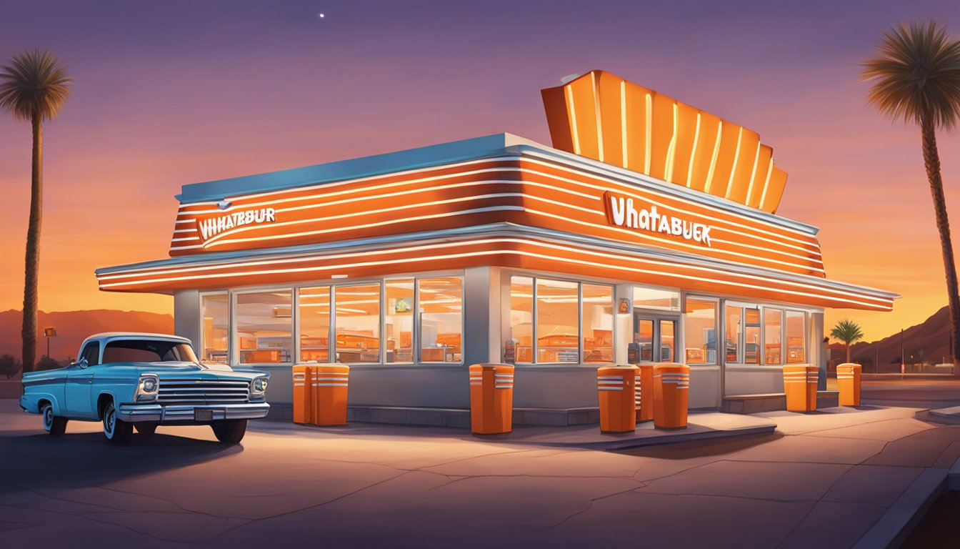 A bustling Whataburger restaurant in Tucson, with iconic orange and white stripes, a drive-thru, and a neon sign shining brightly at night