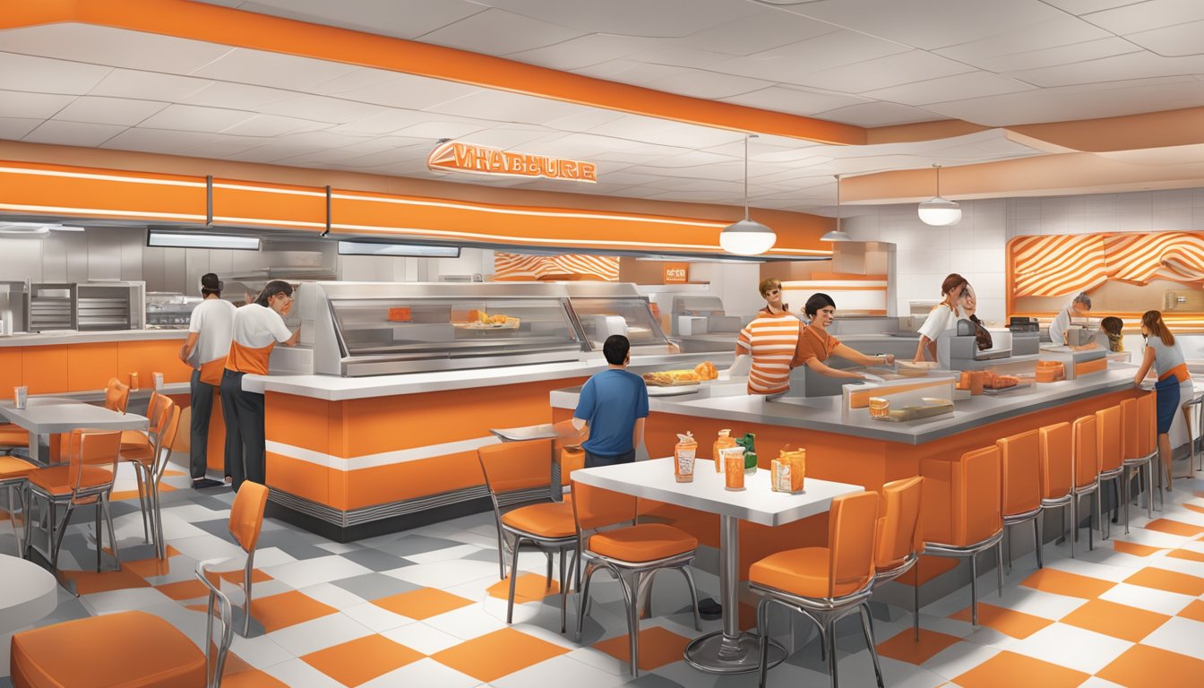 A bustling Whataburger restaurant with iconic orange and white stripes, customers enjoying their meals, and a friendly staff assisting at the counter