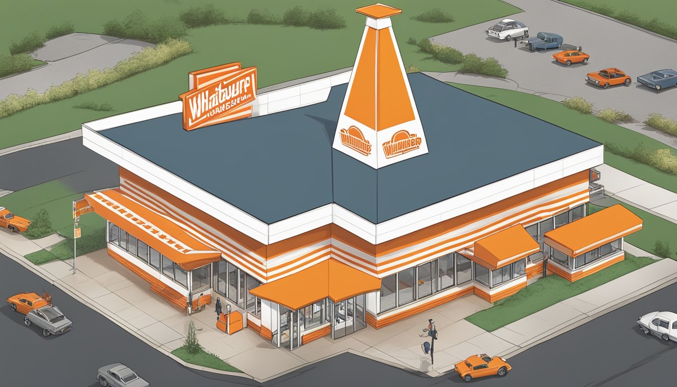 A bustling Whataburger restaurant surrounded by states with the company's iconic orange and white striped A-frame building, while competitors' logos are seen in the background