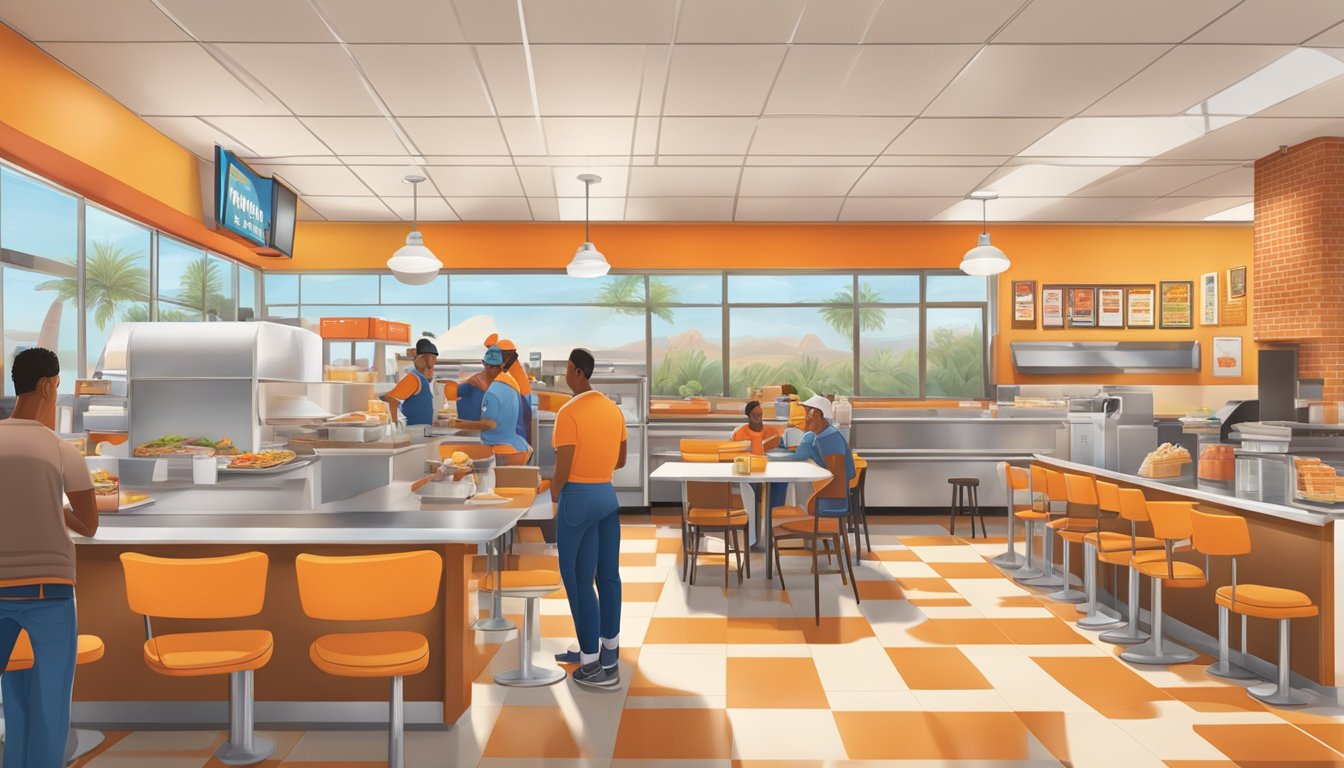 A bustling Whataburger restaurant in Tucson, with a colorful interior, busy kitchen, and customers enjoying their meals at the tables