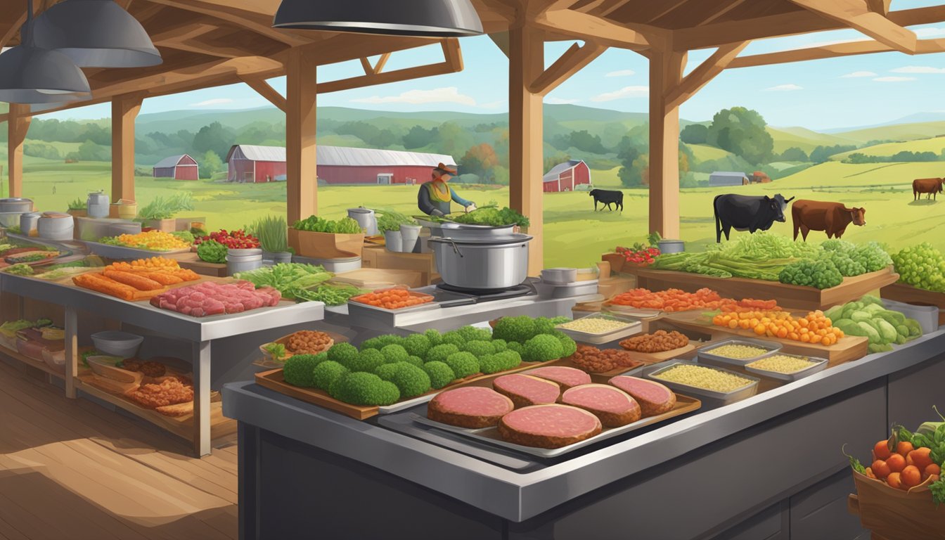 A bustling farm with grazing cattle, fields of fresh produce, and a bustling kitchen preparing succulent double meat burgers