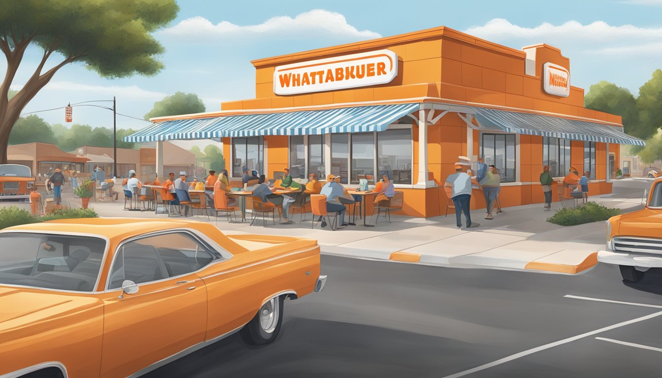 A bustling Whataburger restaurant in a small town, surrounded by local businesses and families enjoying their meals