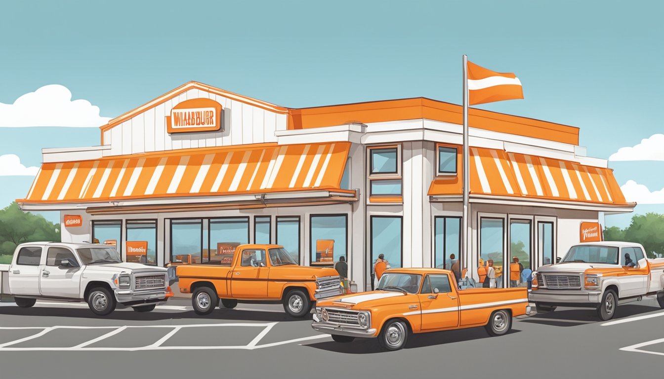 A bustling Whataburger restaurant in Texas, with the iconic orange and white striped building and a line of hungry customers waiting to order