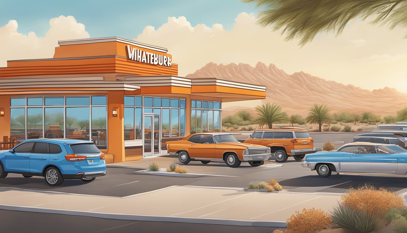 A bustling Whataburger restaurant in Tucson, with a drive-thru and outdoor seating area, surrounded by desert landscape and a clear blue sky