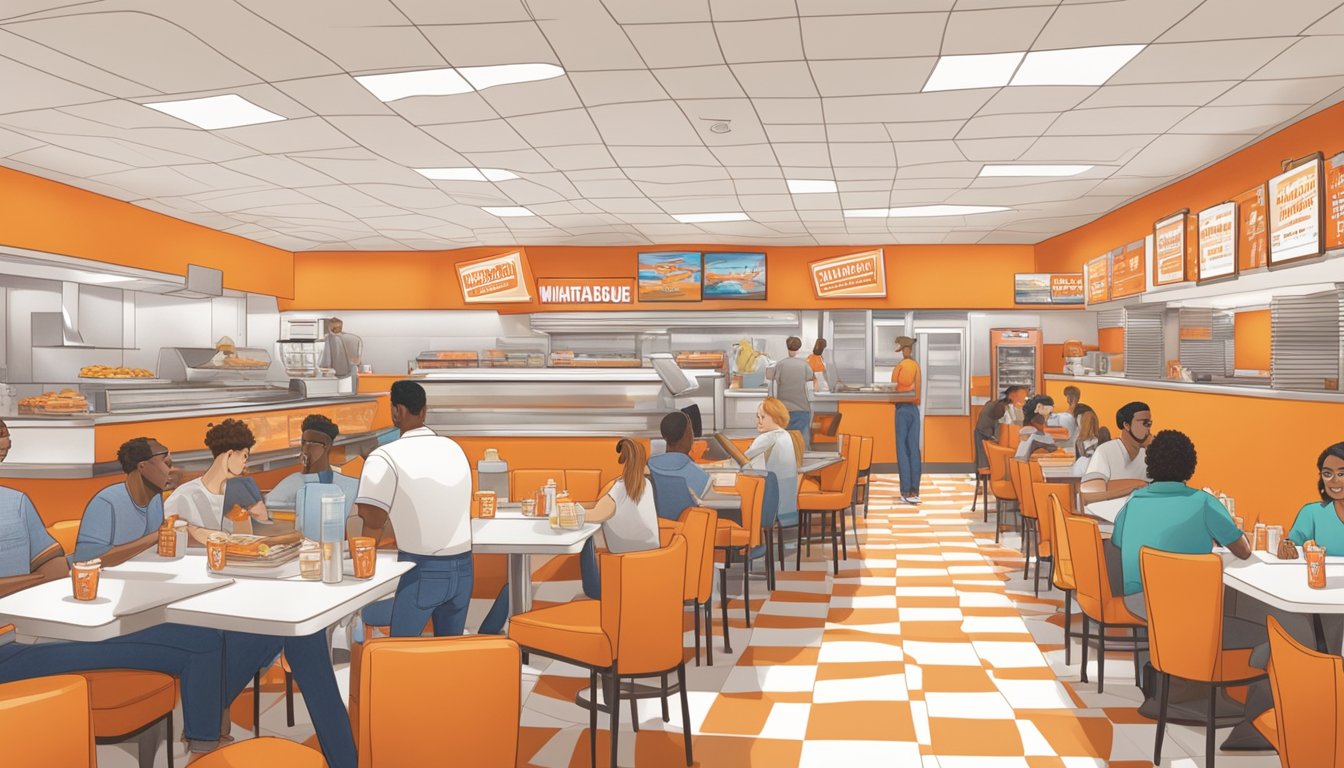 A bustling WhatABurger restaurant with employees working behind the counter and customers dining at tables. The iconic orange and white decor is prominent throughout the space