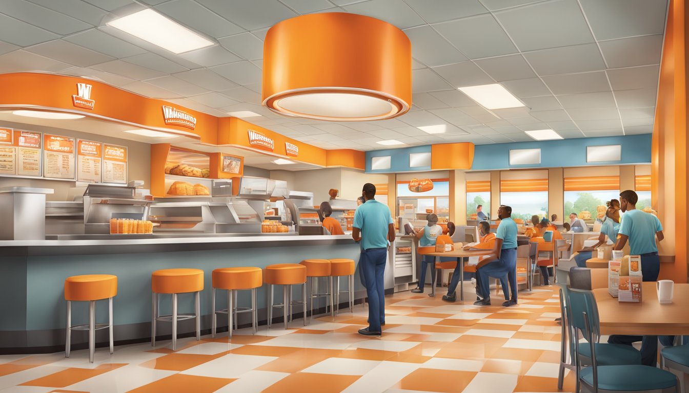 A bustling Whataburger restaurant with employees and customers, showcasing a lively and welcoming work environment