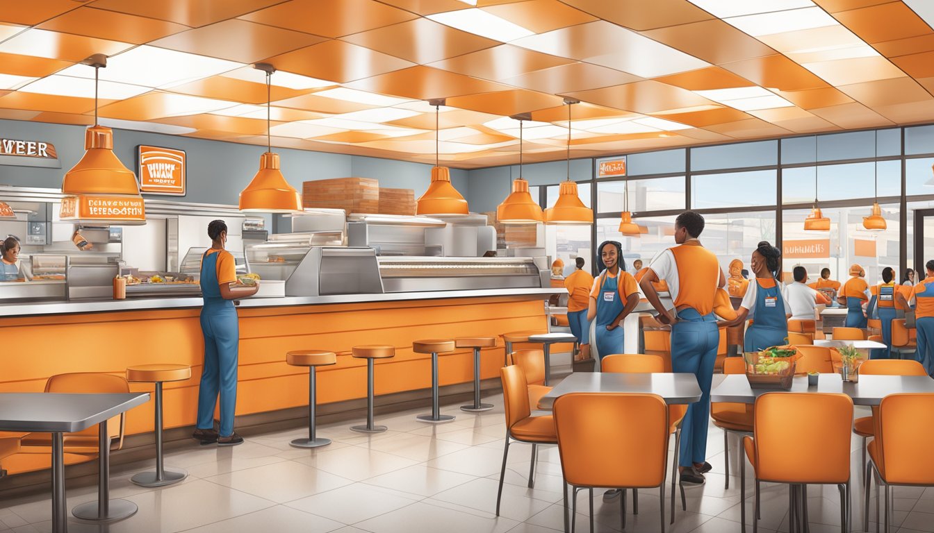 A bustling Whataburger restaurant with employees and customers reflecting the company's culture and values through teamwork and customer service