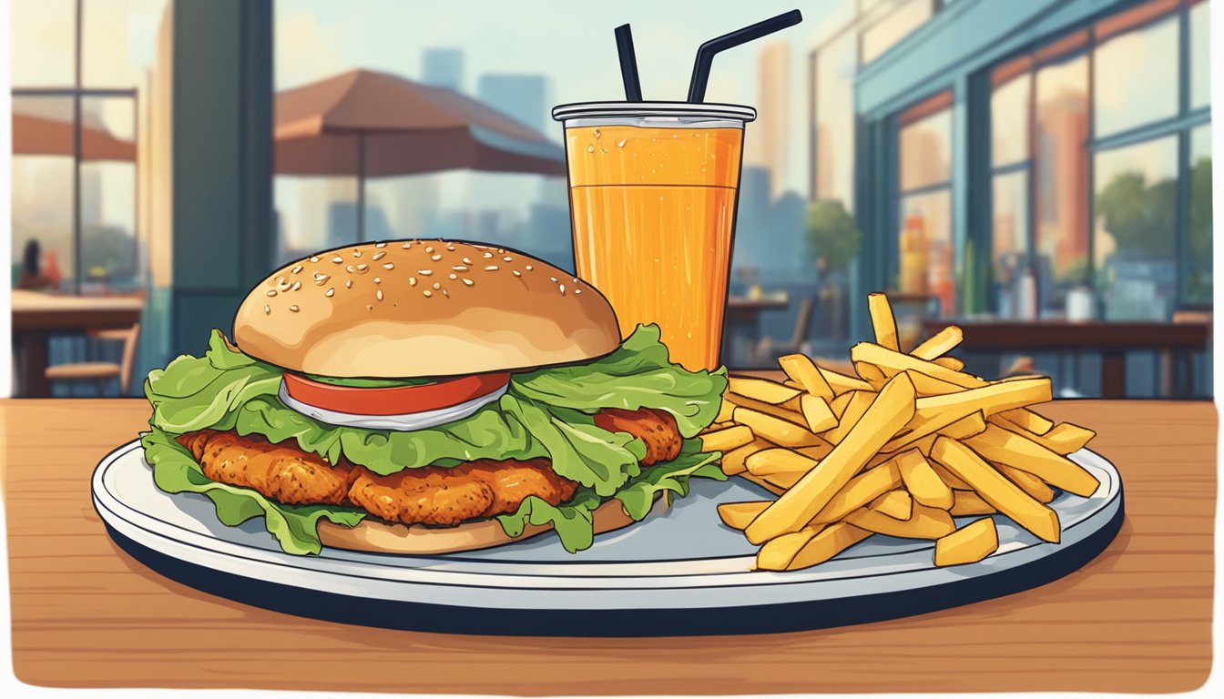 A spicy chicken sandwich sits on a plate with lettuce and tomato, alongside a side of fries and a drink