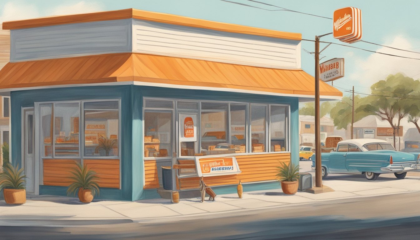 A sunny day in Corpus Christi, Texas, 1950s. A small, orange-and-white striped A-frame building with a large "Whataburger" sign stands proudly on a busy street corner