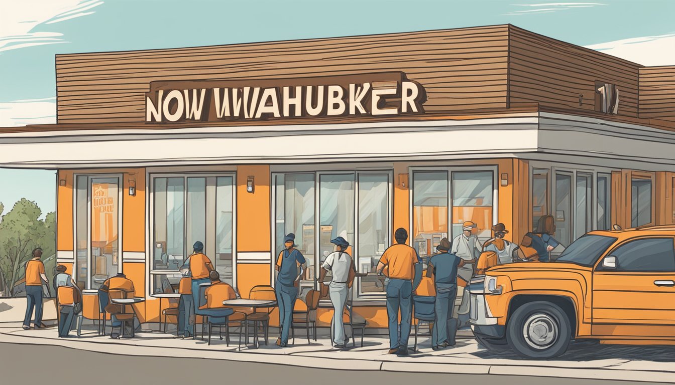 The scene features a bustling Whataburger restaurant with employees working and customers dining. A sign outside displays "Now Hiring" and employees are being recognized for their hard work