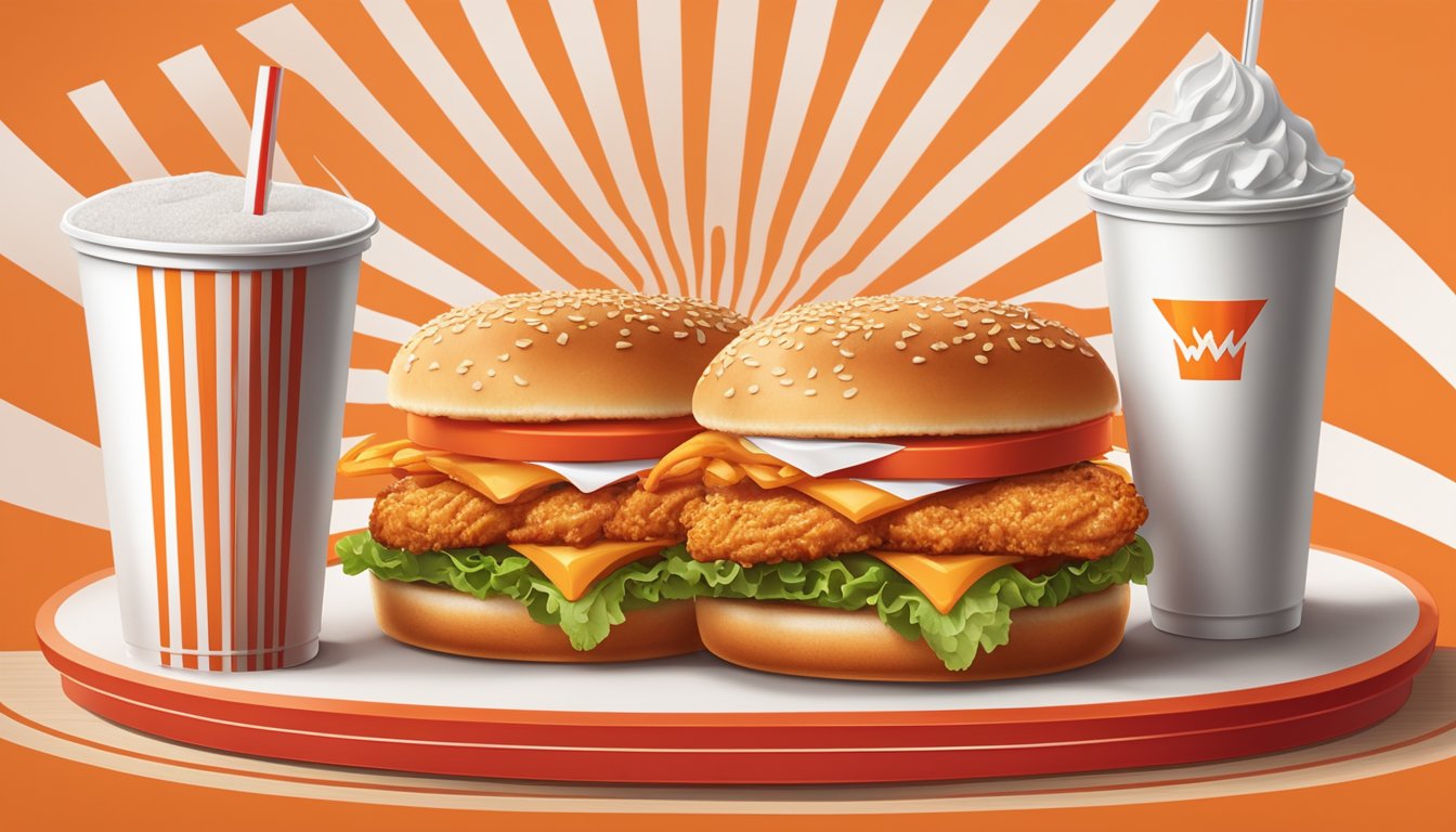 A mouthwatering spicy chicken sandwich from Whataburger is paired with a cold drink and crispy fries on a red tray