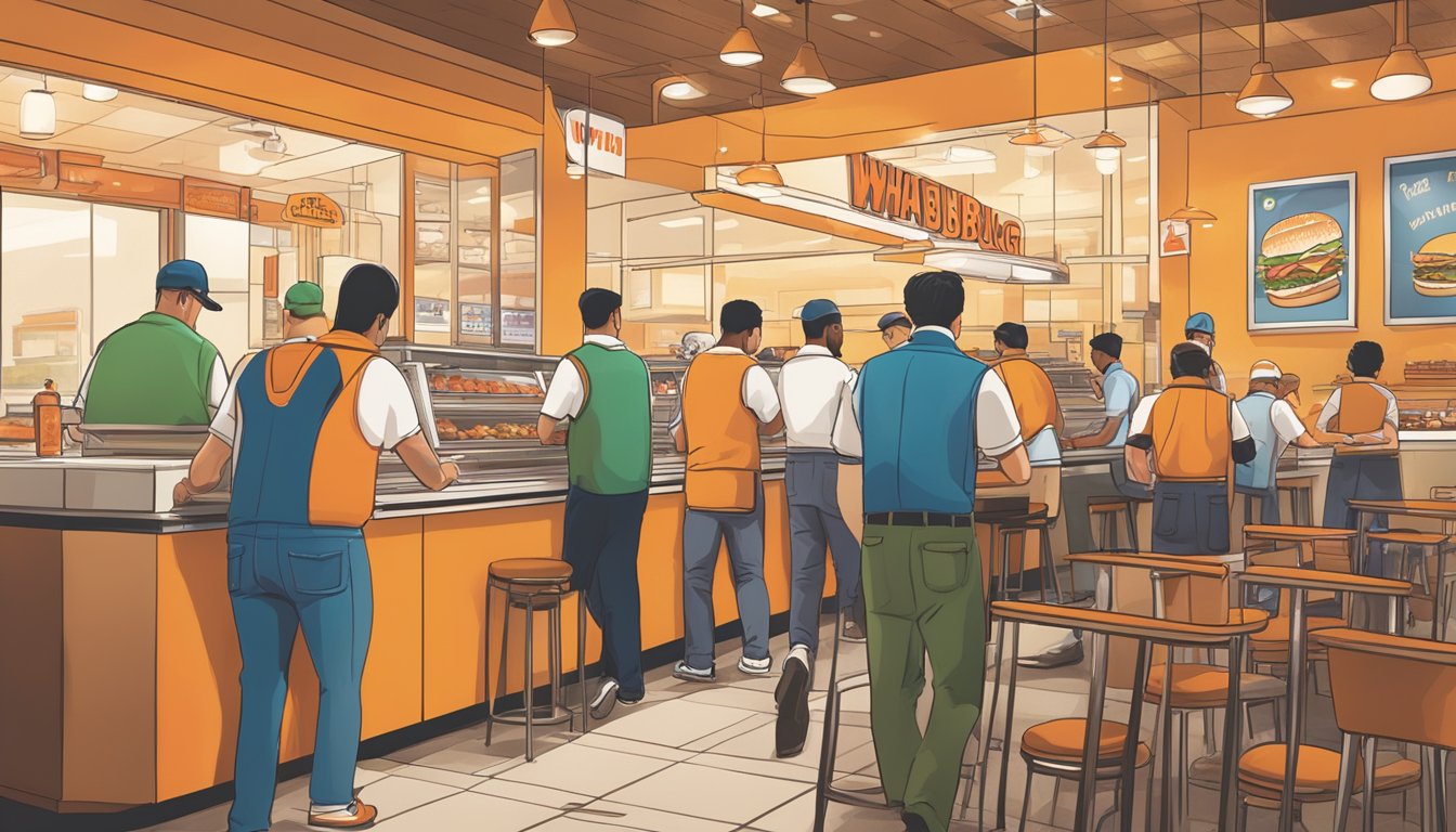 A bustling restaurant with a line of customers, employees working behind the counter, and the iconic Whataburger logo displayed prominently