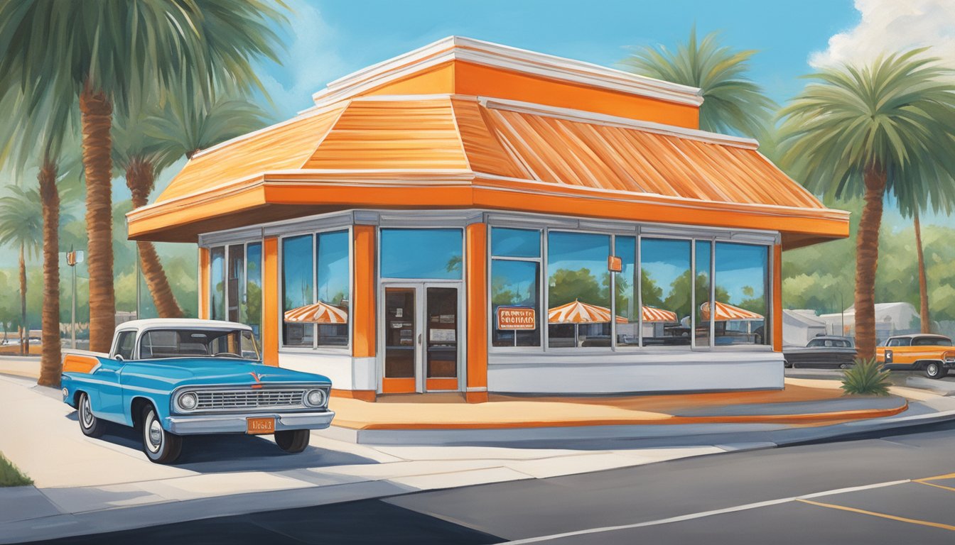 The original Whataburger stands proudly in a bustling Texan city, surrounded by palm trees and a bright blue sky